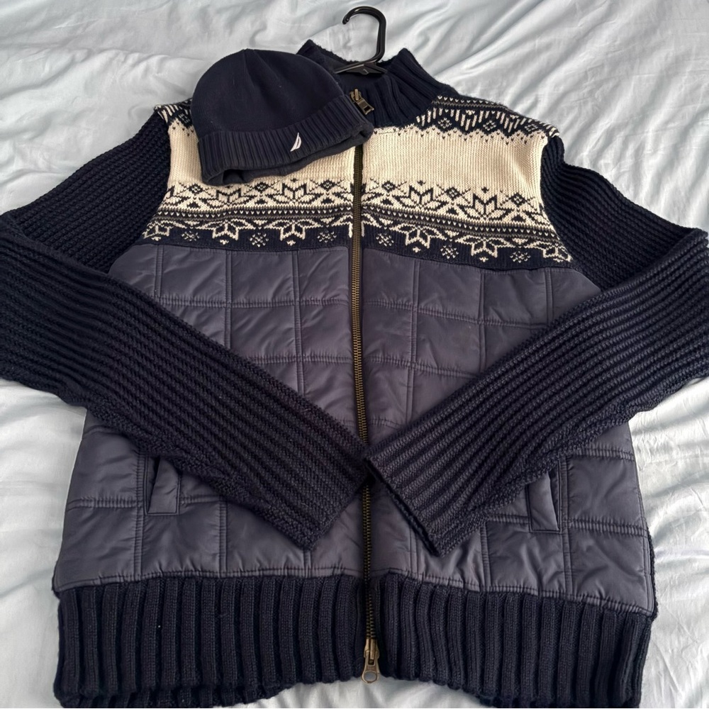 Navy and Cream Women's Sweater